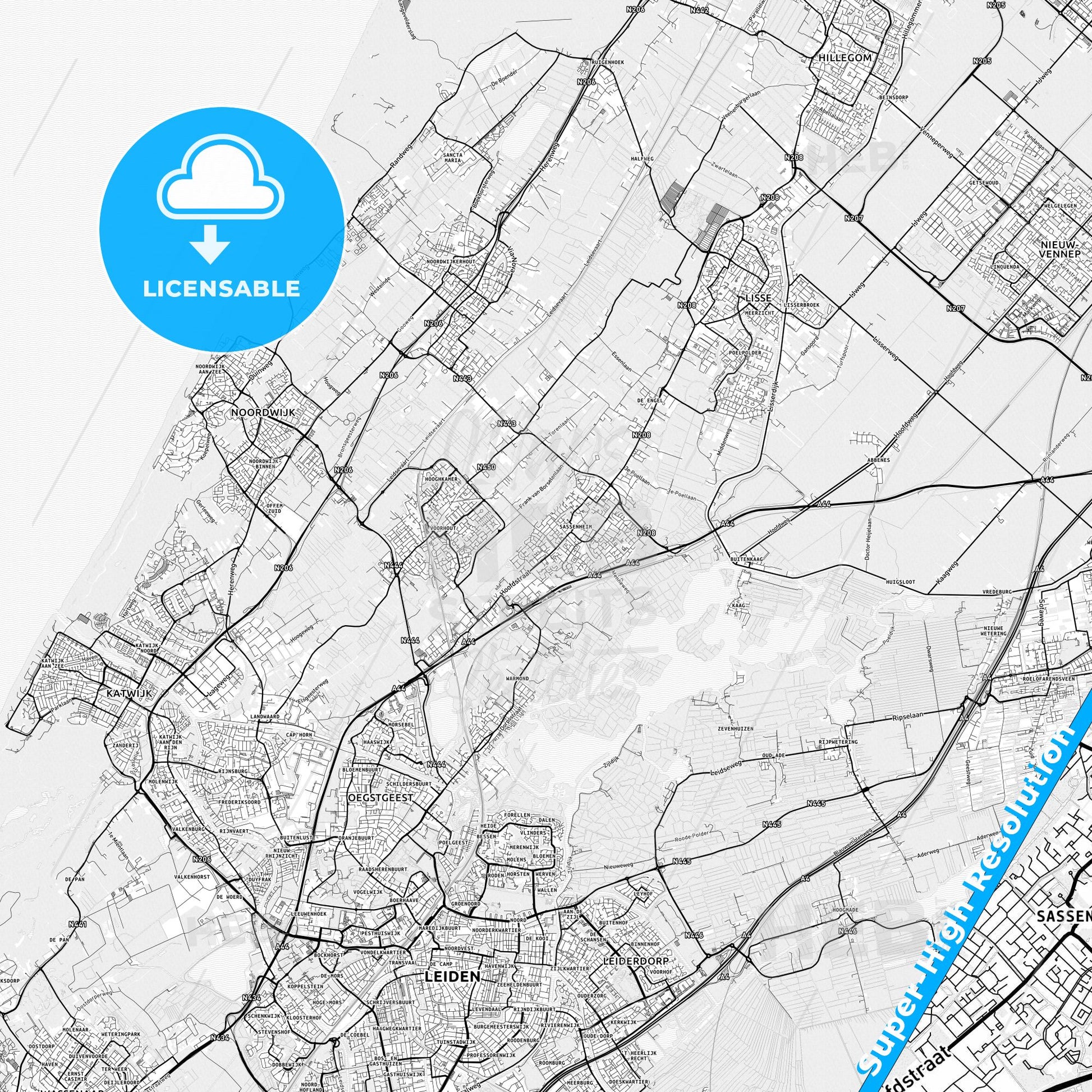 Teylingen, Netherlands light map with streetnames, citynames and districts