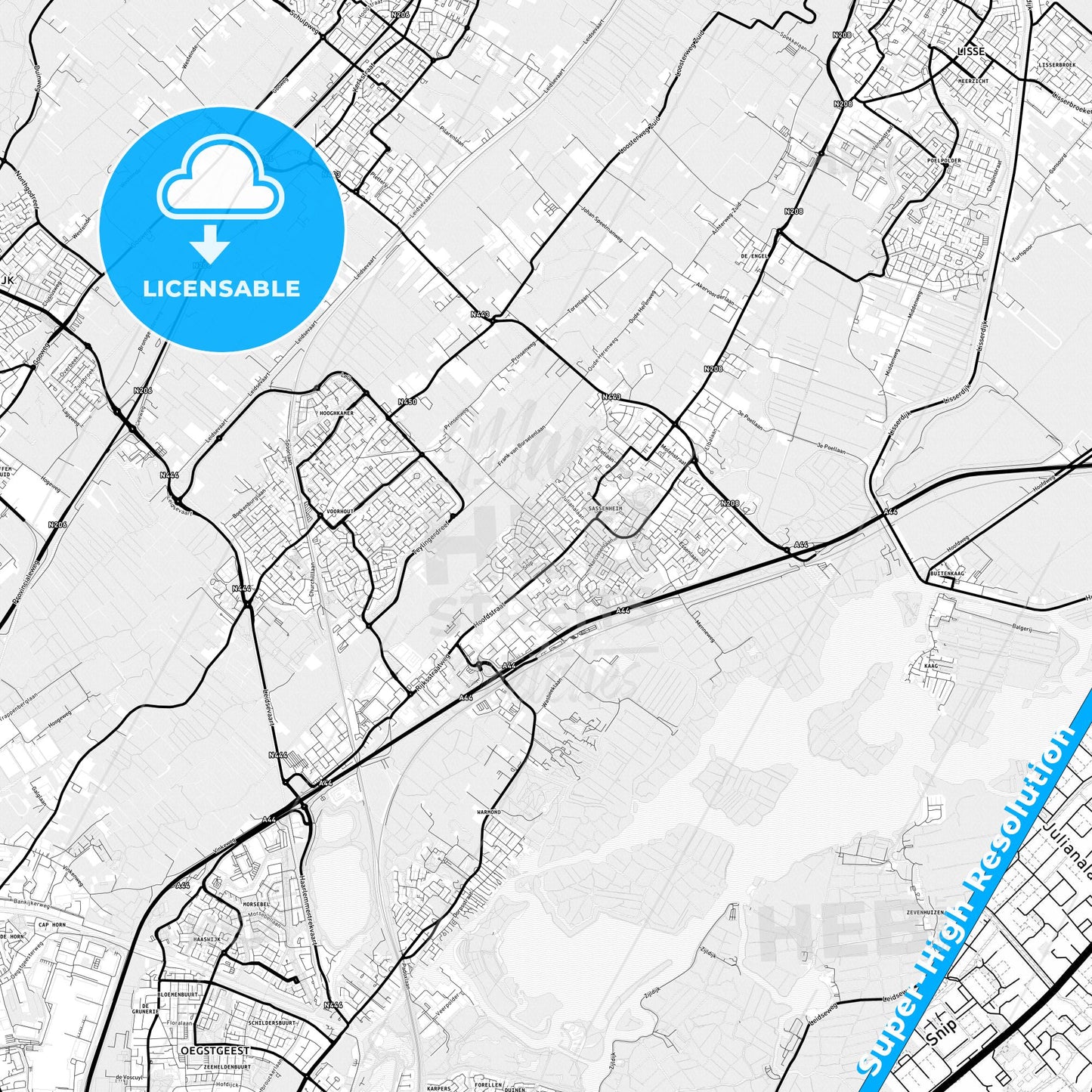 Teylingen, Netherlands Light Map with Street Names, City Names, and Districts