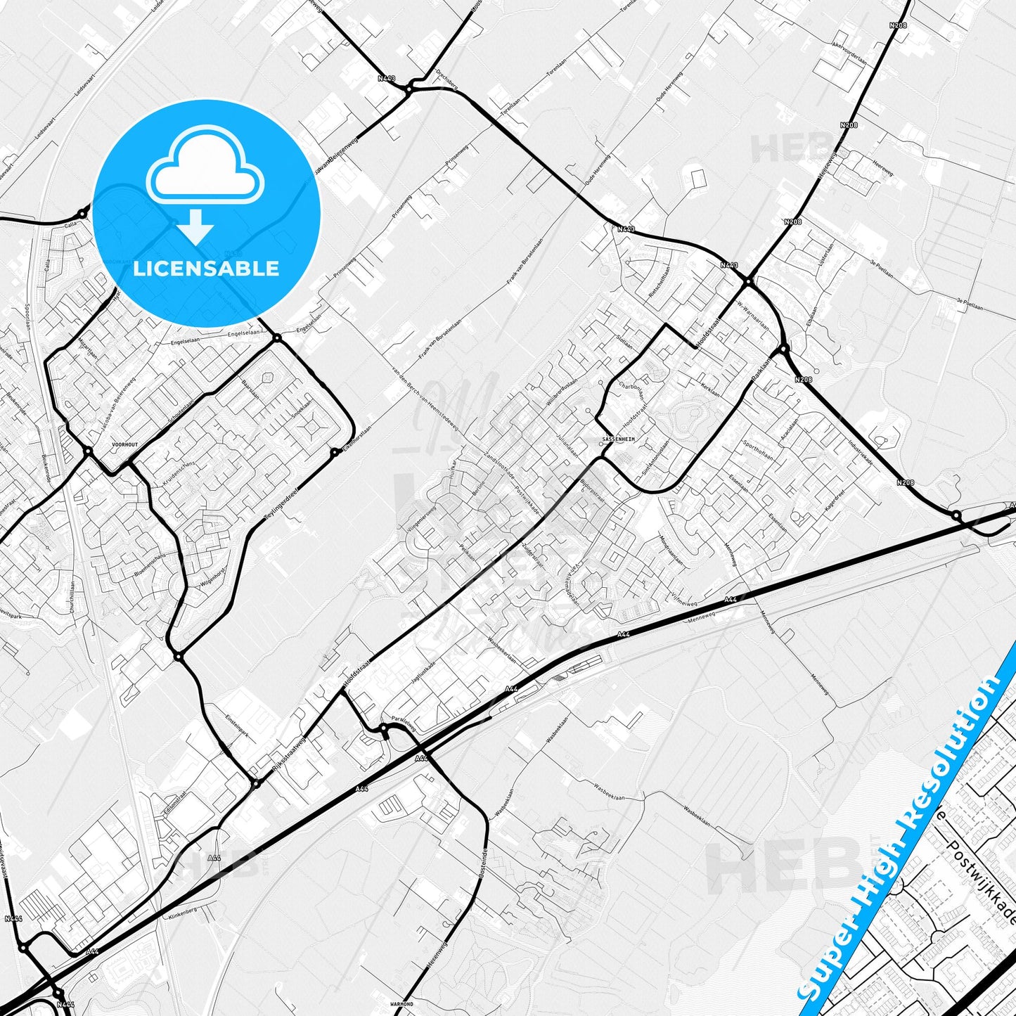 Teylingen, Netherlands Light Map with Street Names, City Names, and Districts