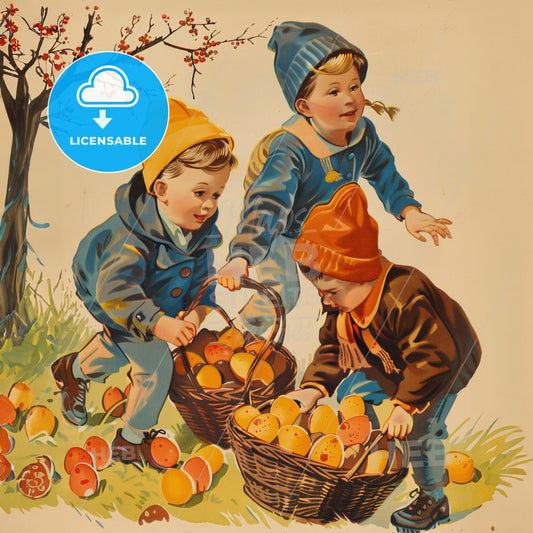 A Group Of Children Picking Eggs