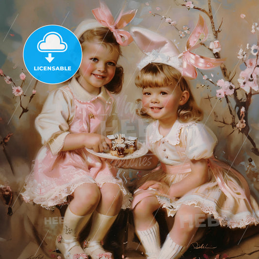 A Couple Of Girls Wearing Dresses And Holding A Plate Of Food