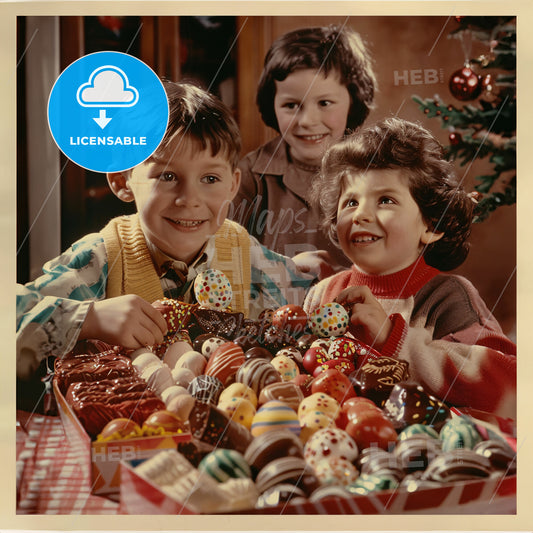 A Group Of Children Standing Next To A Tray Of Chocolate Eggs