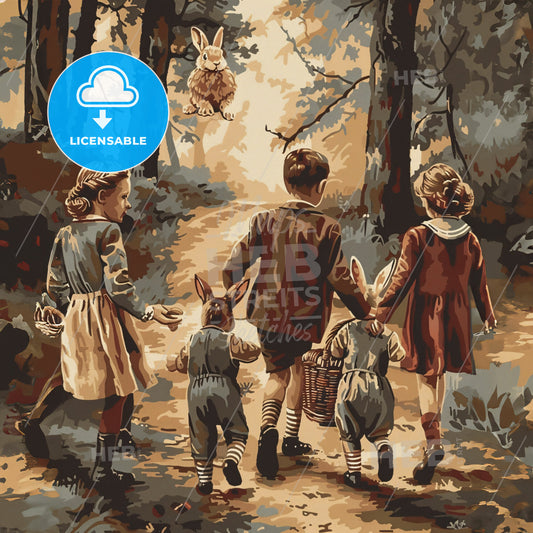 A Group Of Children Walking In The Woods With A Bunny Flying Above