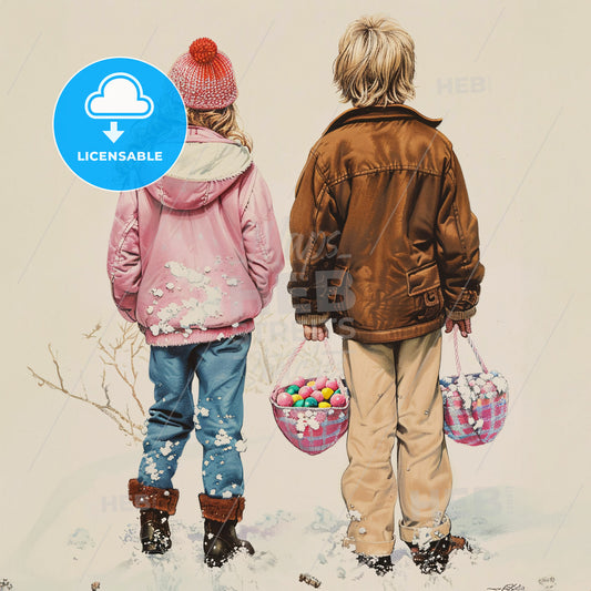 A Boy And Girl Holding Baskets With Eggs