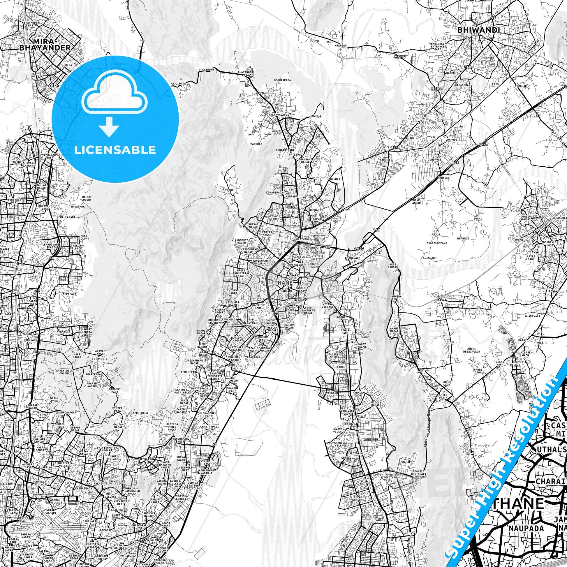 Thane, India light map with streetnames, citynames and districts