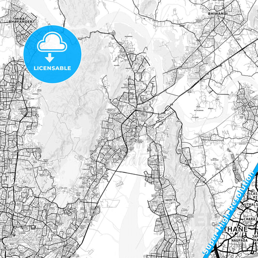Thane, India light map with streetnames, citynames and districts