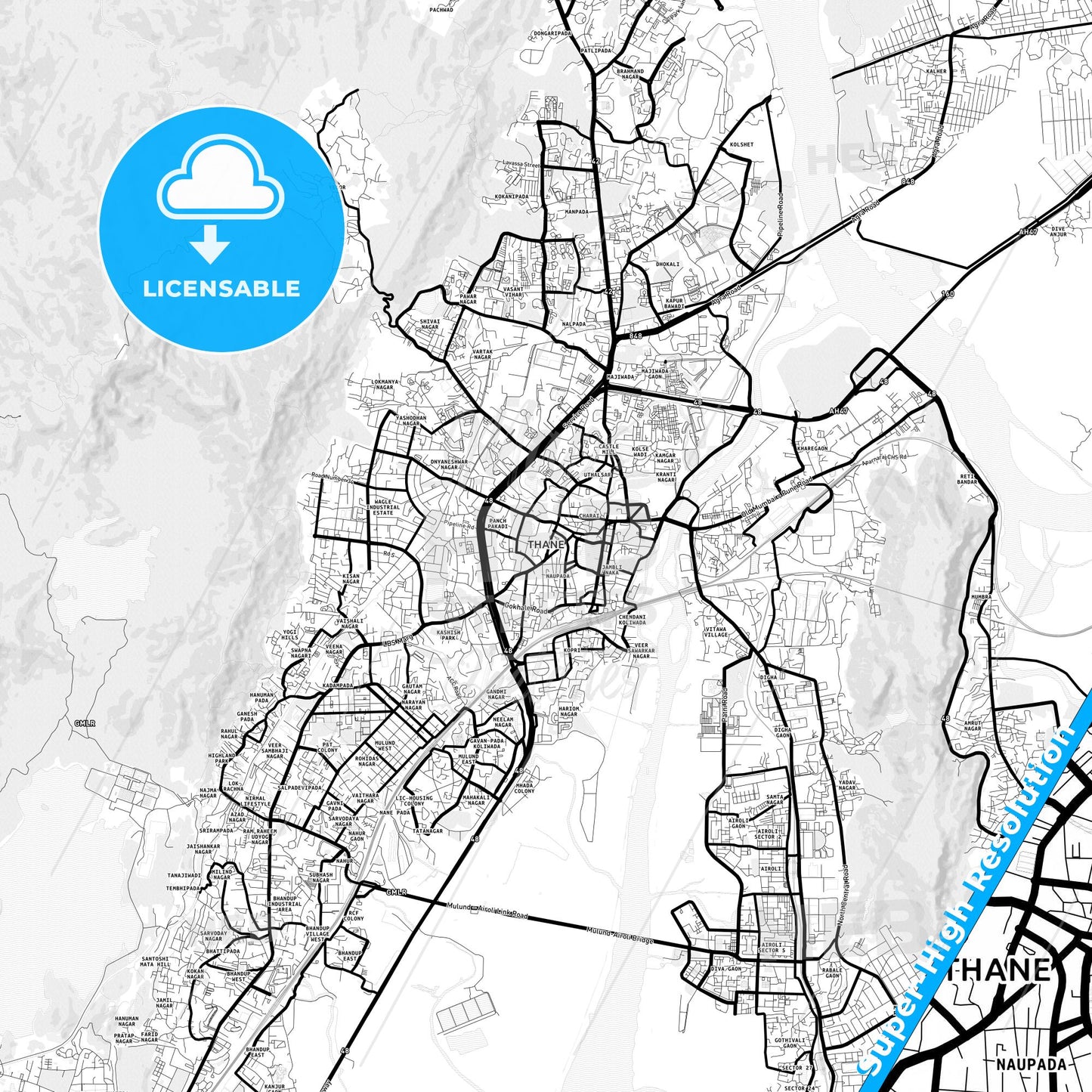 Thane, India Light Map with Street Names, City Names, and Districts