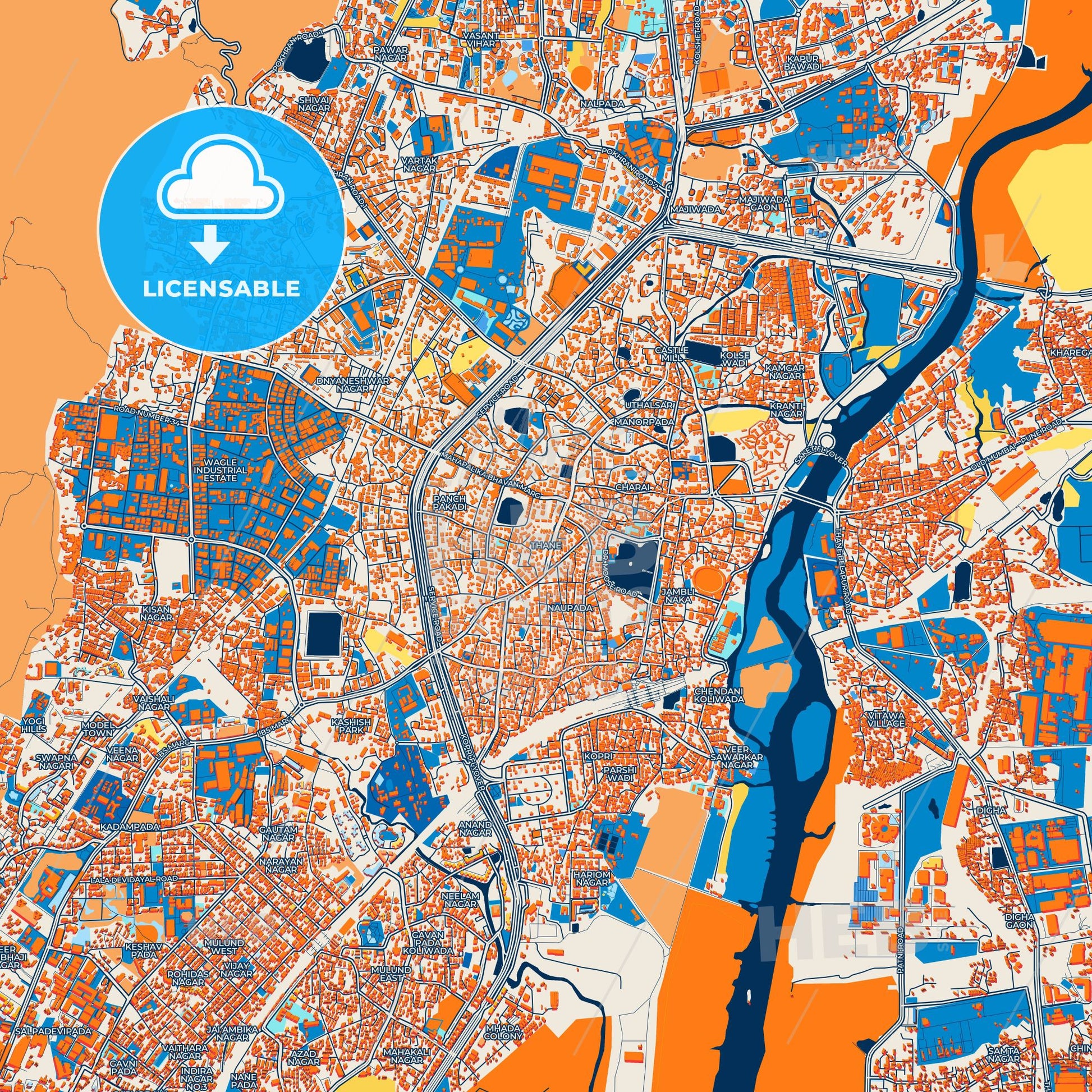 Colorful Thane Street Map with Labels and Buildings