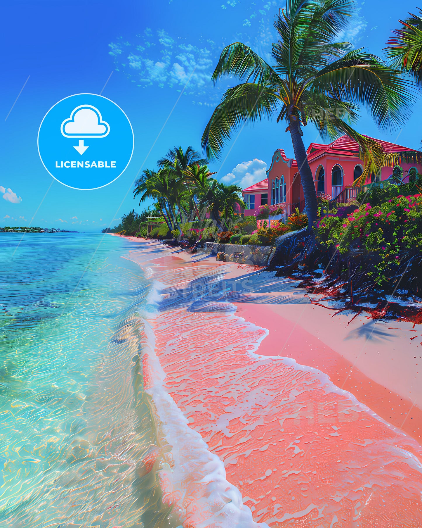 Vibrant Bahamas Beach Scene: Pink Sands, Palm Trees, and Caribbean House