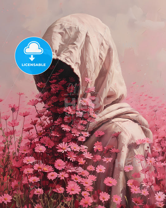 Pop Punk Renaissance: Vibrant Oil Painting in Pink Tones Featuring Hooded Figure amidst Flowery Surroundings