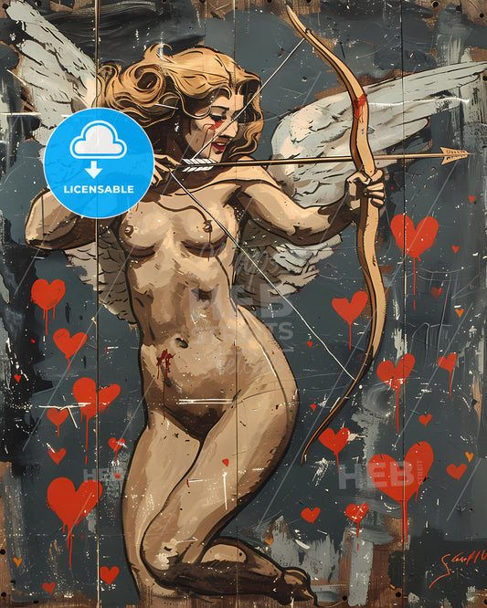 Angelic Venus in Pop Art Comic Horror: Winged Woman with Bow and Arrow amid Red Hearts in Vintage Italian Horror Movie Painting