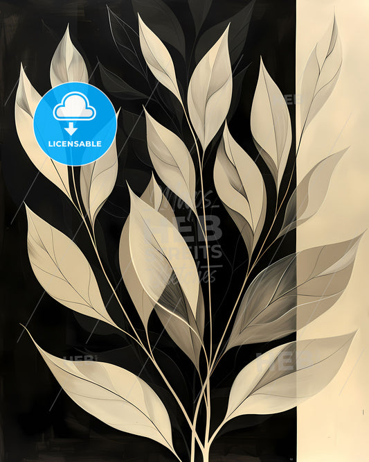Vibrant Black and White Abstract Leaf Painting: Beige, Organic Shapes, Wavy Lines, Holotone, Bold Stencil, Close-Up