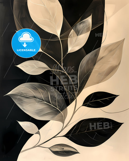 Abstract Black and White Leafy Plant Painting: Holotone Print With Bold Stencil in Organic Wavy Lines