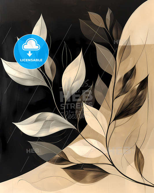 Black and white abstract painting of leaves with wavy lines and organic shapes, bold stencil, beige, holotone print, close-up