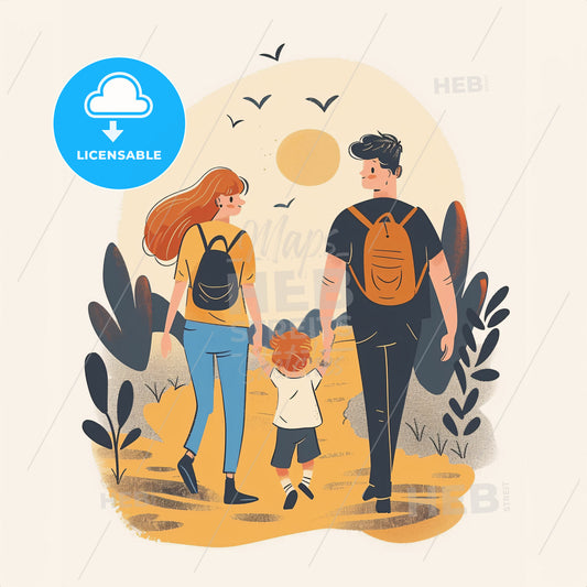 the child should be of elementary school age!! A winding path leading towards a bright light in the distance - A man and woman walking with a child