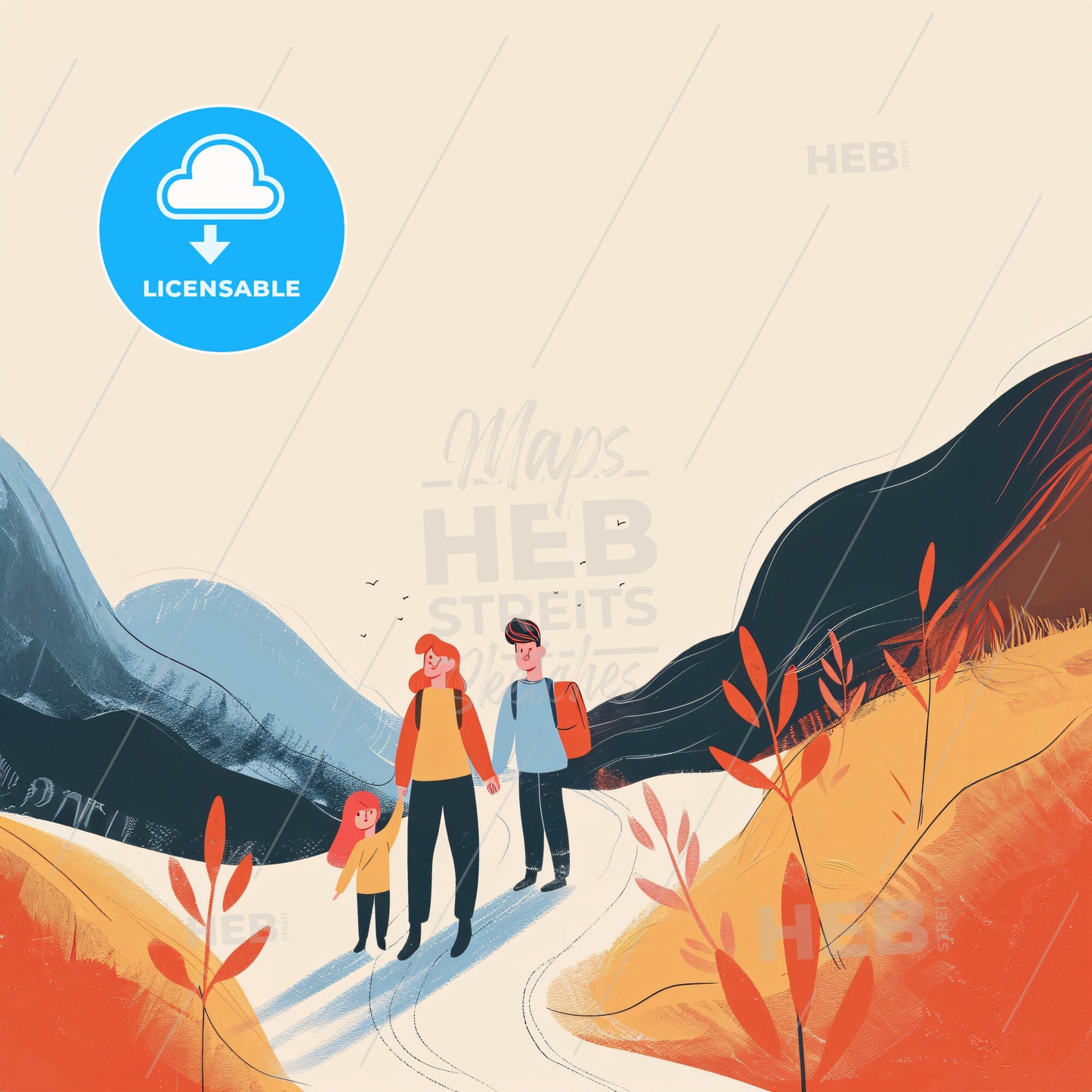 the child should be of elementary school age!! A winding path leading towards a bright light in the distance - A family walking on a path in the mountains