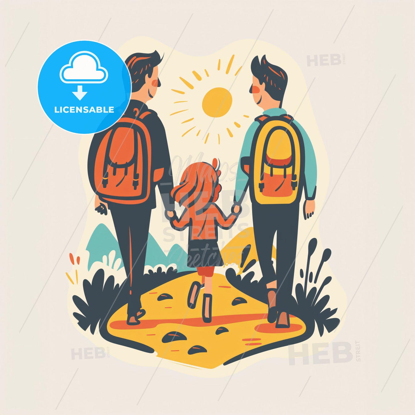 the child should be of elementary school age!! A winding path leading towards a bright light in the distance - A man and a girl walking on a path with backpacks