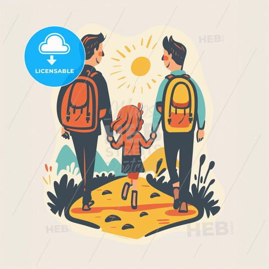 the child should be of elementary school age!! A winding path leading towards a bright light in the distance - A man and a girl walking on a path with backpacks