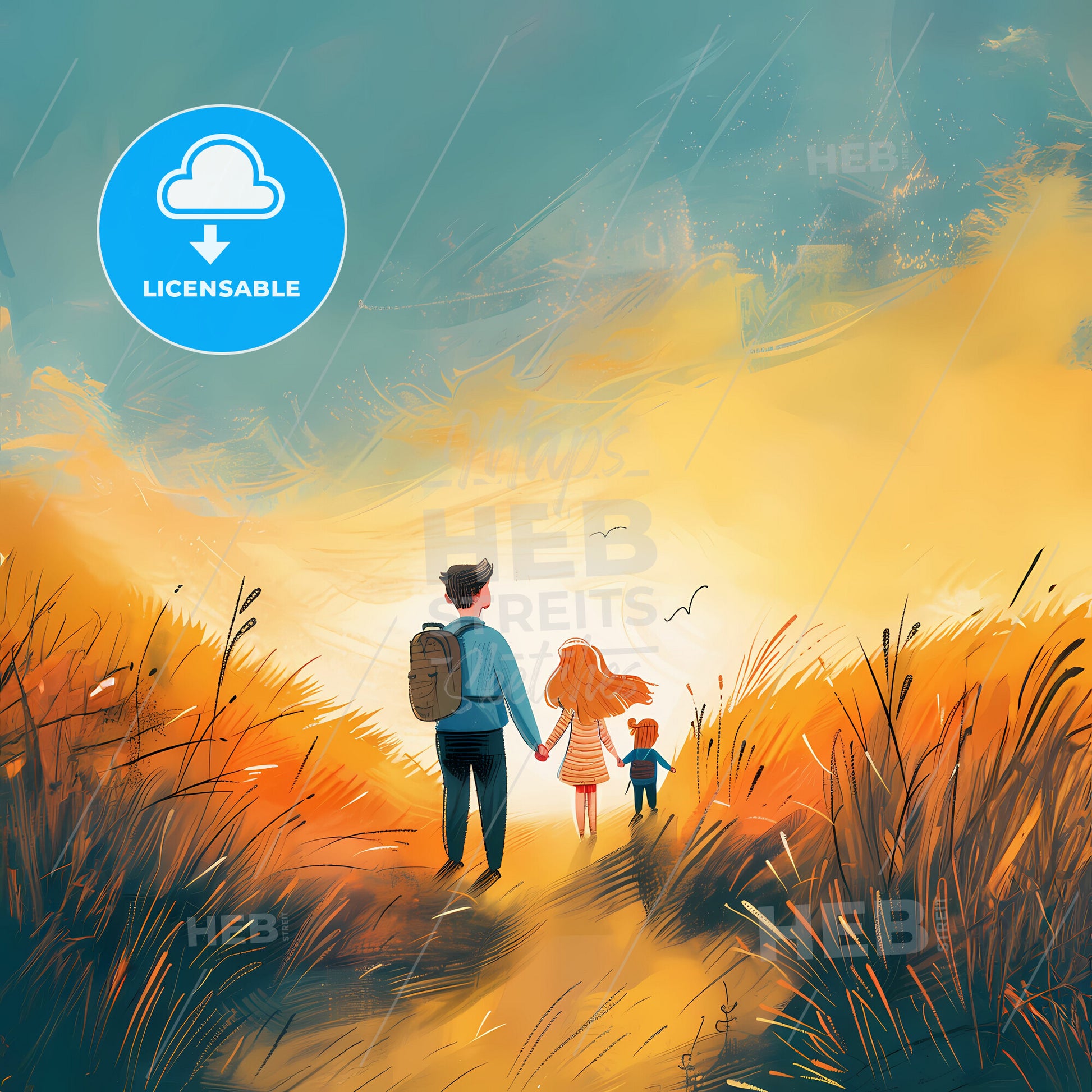 the child should be of elementary school age!! A winding path leading towards a bright light in the distance - A man and a woman holding hands and walking on a path