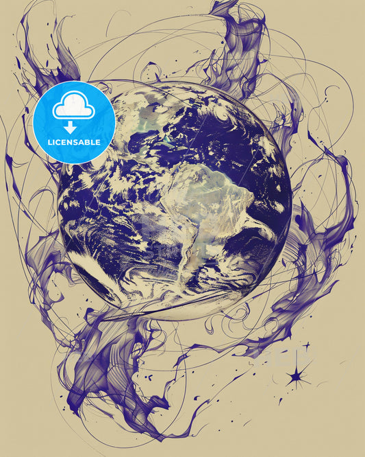 Celestial Hues: Earth's Place in the Cosmos - A planet earth with blue smoke