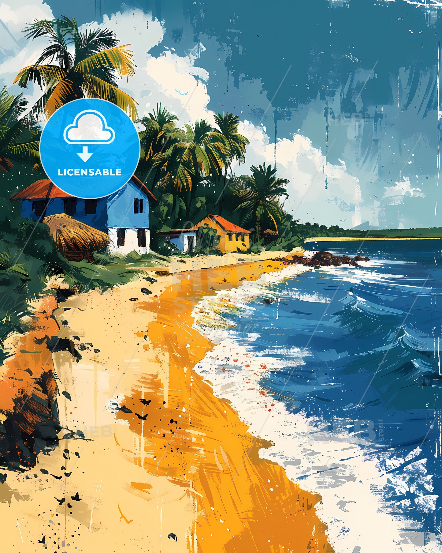 Vibrant African Art: The Gambia Beach Scene with Houses and Palm Trees