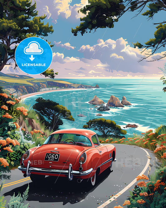 Vibrant Painting of the Great Pacific Ocean Road Featuring a Car, Body of Water, and Trees