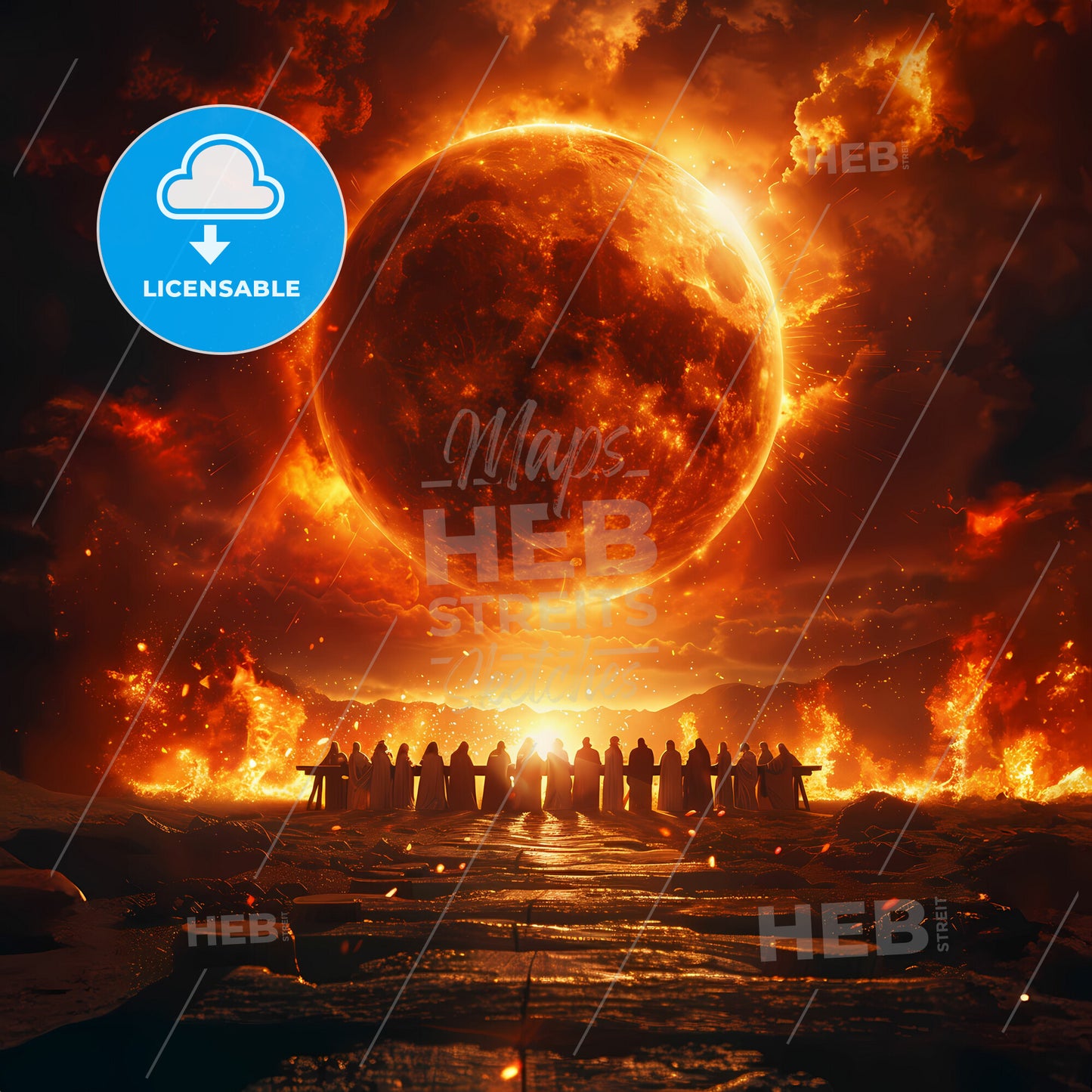 The Last Supper: Before the Food Fight - A group of people standing in a circle with a large moon in the background