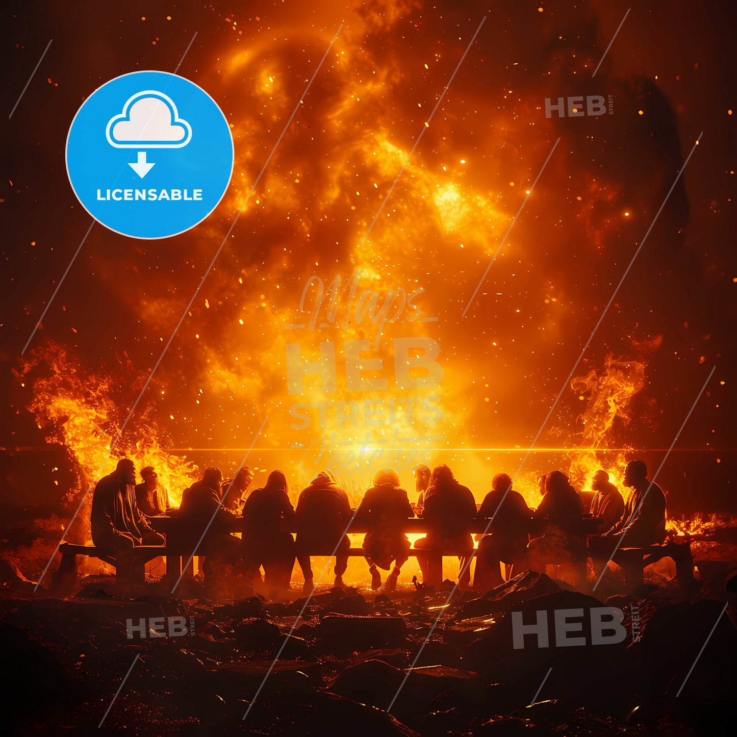 The Last Supper: Before the Food Fight - A group of people sitting on a bench in front of a fire