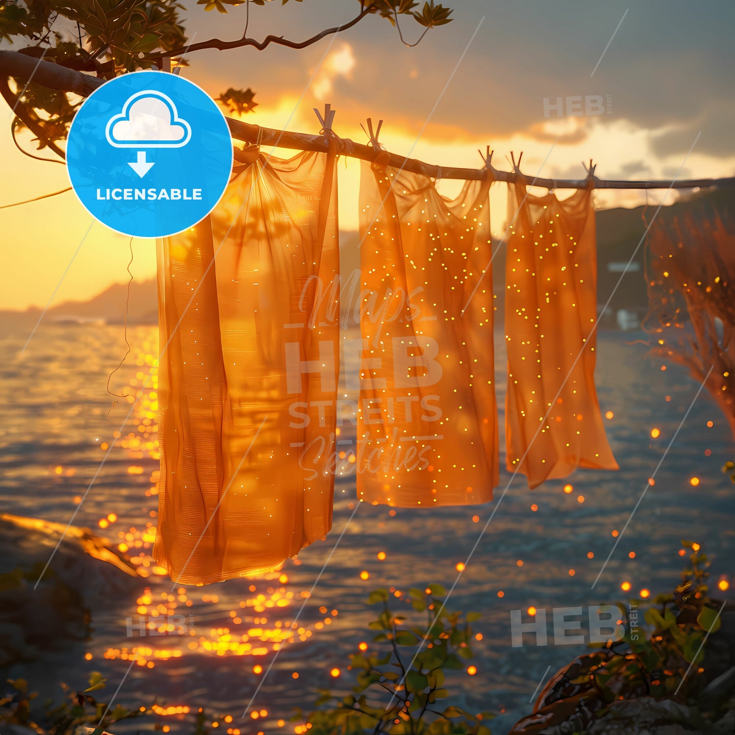 The Persistence of Laundry - A group of orange cloths on a rope with water in the background