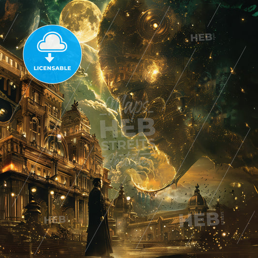 A Man Looking At A Large Creature In A City