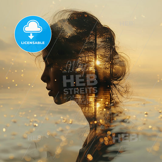 The Ripple Effect: Movement in Stillness - A womans face in water with trees and a sunset