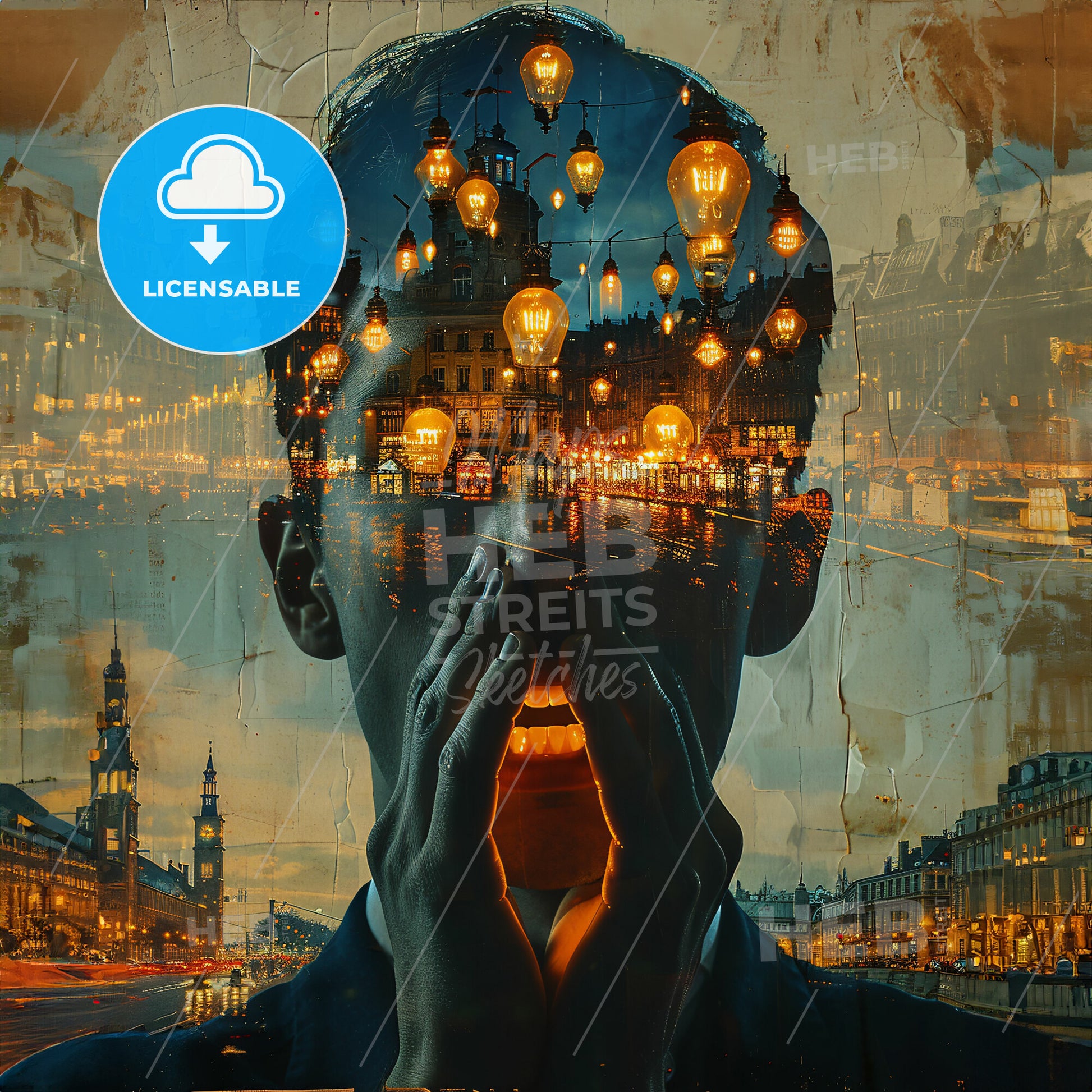 The Scream: Lost in IKEA - A man with his hands on his face and a cityscape