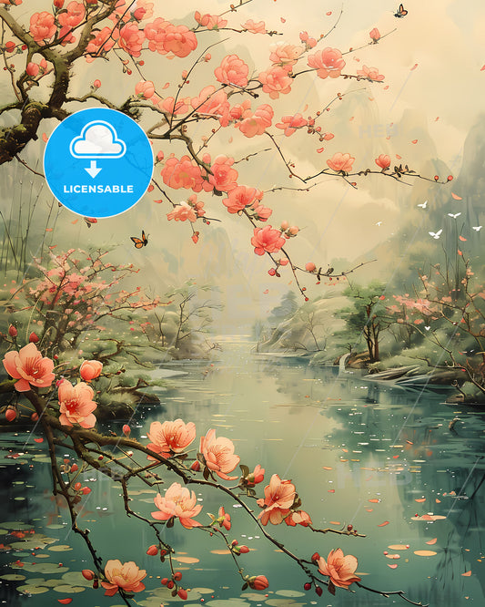 Spring Qingming Festival Earth Revival River Pink Flowers Butterfly Painting Art