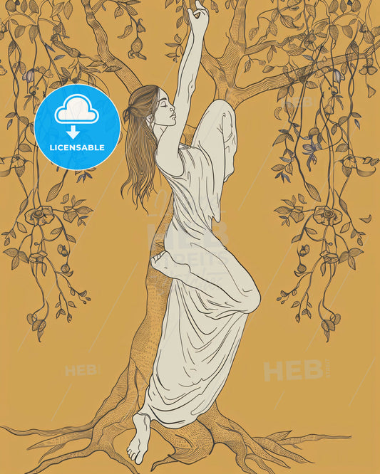 Tree Yoga Serenity in Bold Line Art - A woman in a white dress from a tree