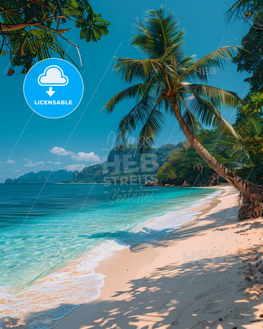 Vibrant Painting of Phuket's White Sandy Beach with Palm Trees and Blue Water