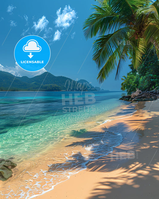 Vibrant Painting of Phuket's White Sandy Beach with Palm Trees and Azure Water