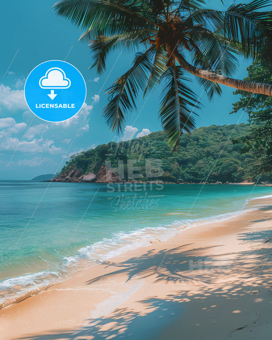 Vibrant Artistic Painting of Phuket Beach, Thailand, with White Sands, Palm Trees, and Tranquil Ocean