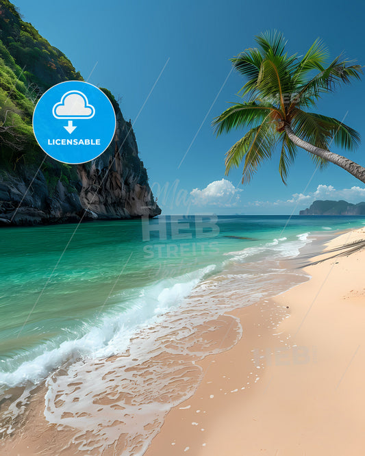 Colorful painting depicting Phuket's iconic white sandy beach, palm trees, and dramatic cliff formations, capturing the vibrant beauty of Thailand's coastal paradise