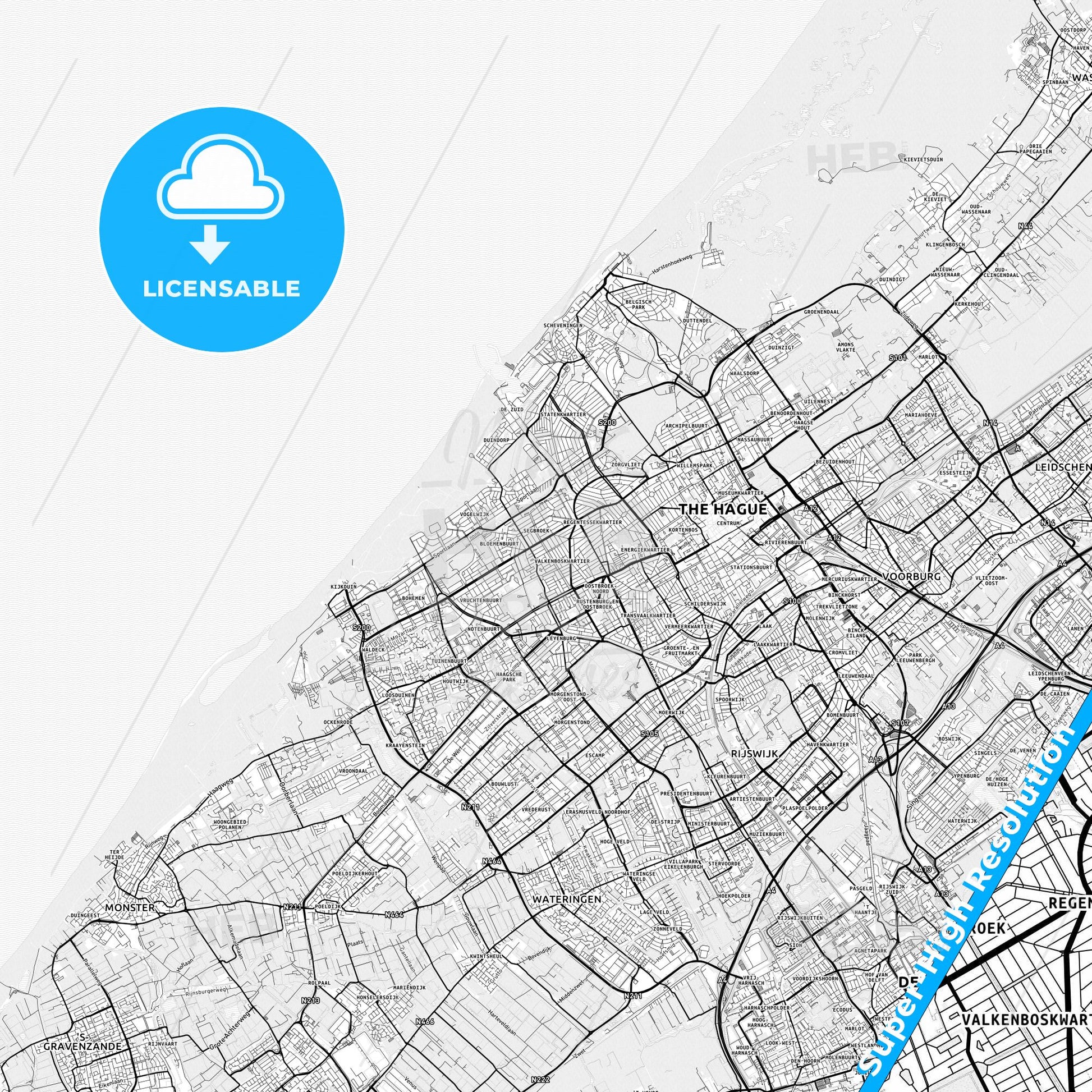 The Hague, Netherlands light map with streetnames, citynames and districts