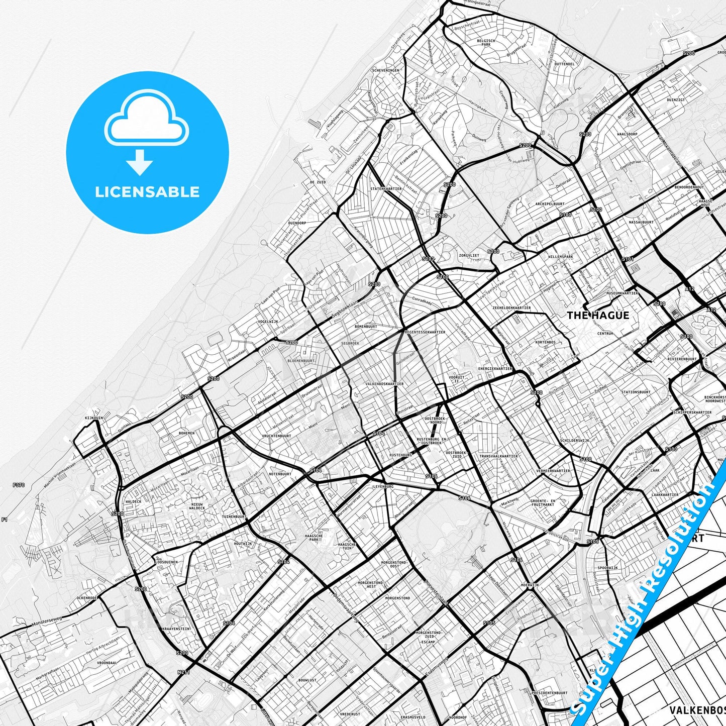 The Hague, Netherlands Light Map with Street Names, City Names, and Districts