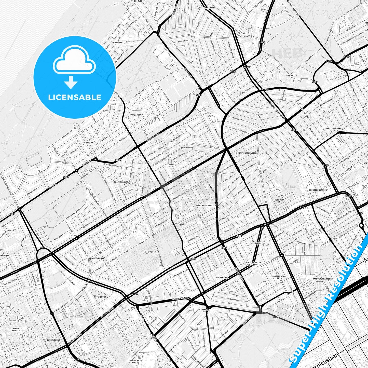 The Hague, Netherlands Light Map with Street Names, City Names, and Districts