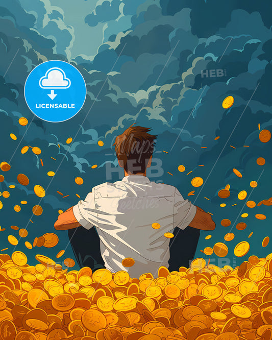 Financial Independence Through Passive Income: Artful Depiction of a Man in a Coin Pile