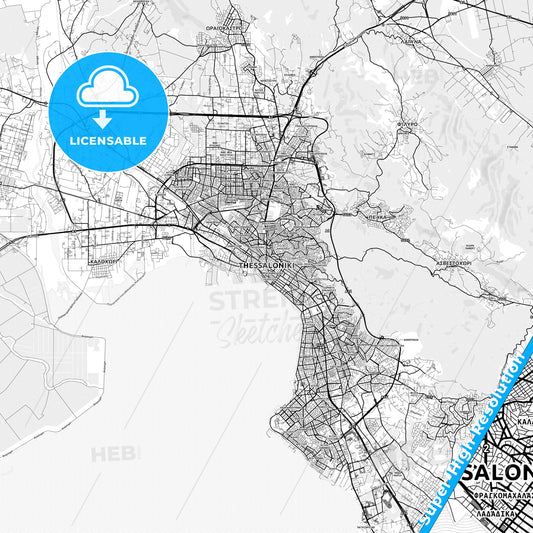  Thessaloniki, Greece light map with streetnames, citynames and districts