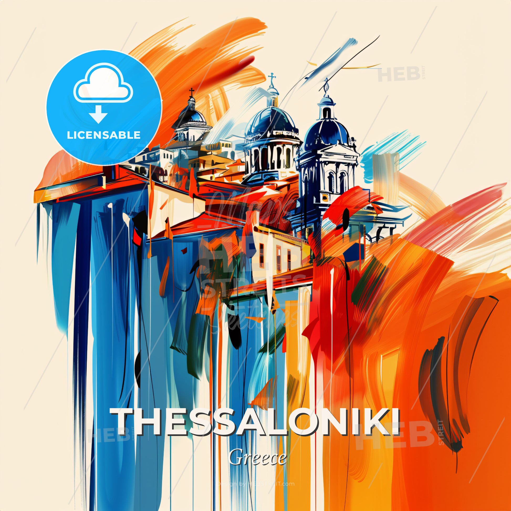 Vibrant  Thessaloniki, Greece - A Painting Of A Building With A Colorful Background - Square format print template
