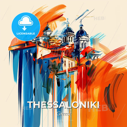 Vibrant  Thessaloniki, Greece - A Painting Of A Building With A Colorful Background - Square format print template
