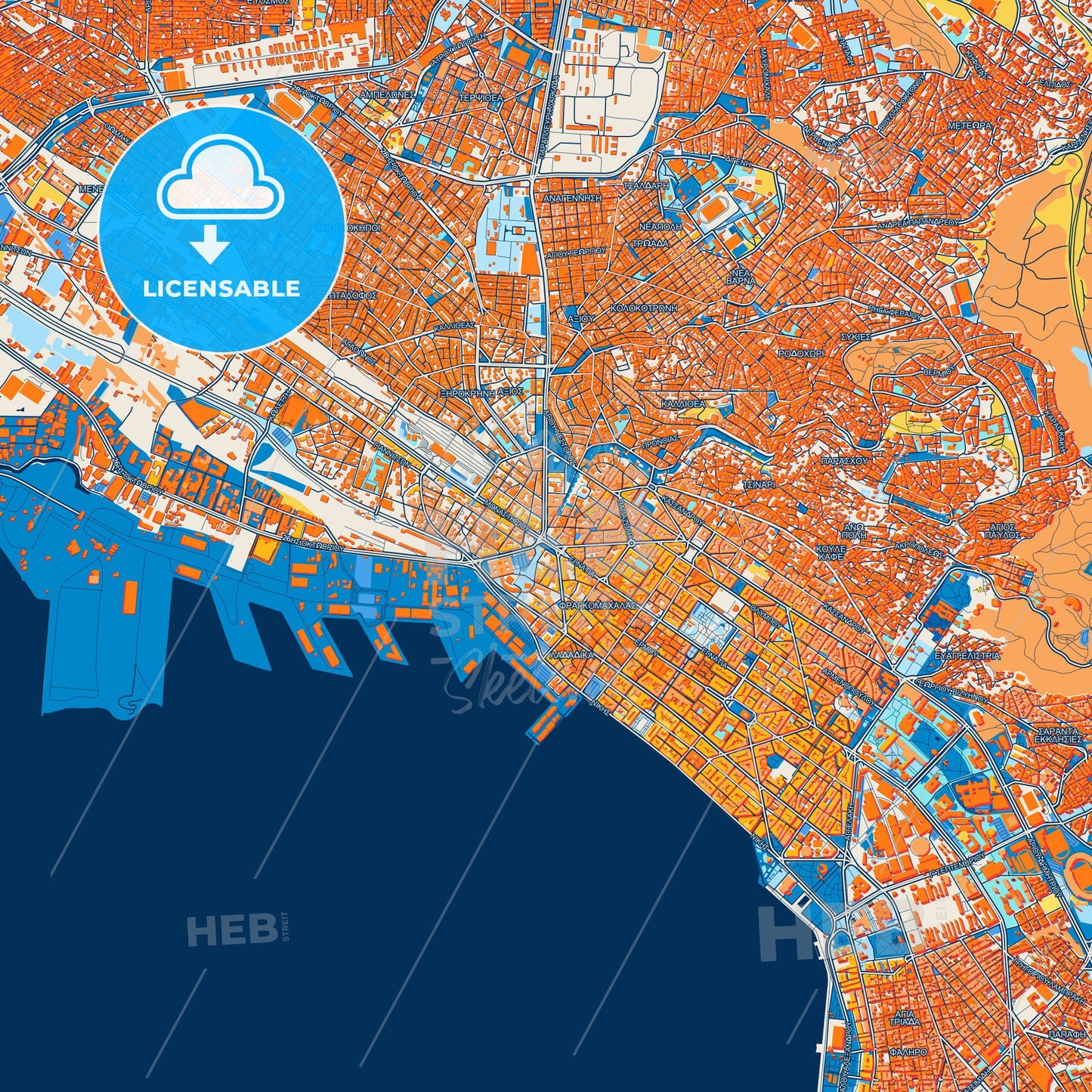 Colorful  Thessaloniki Street Map with Labels and Buildings