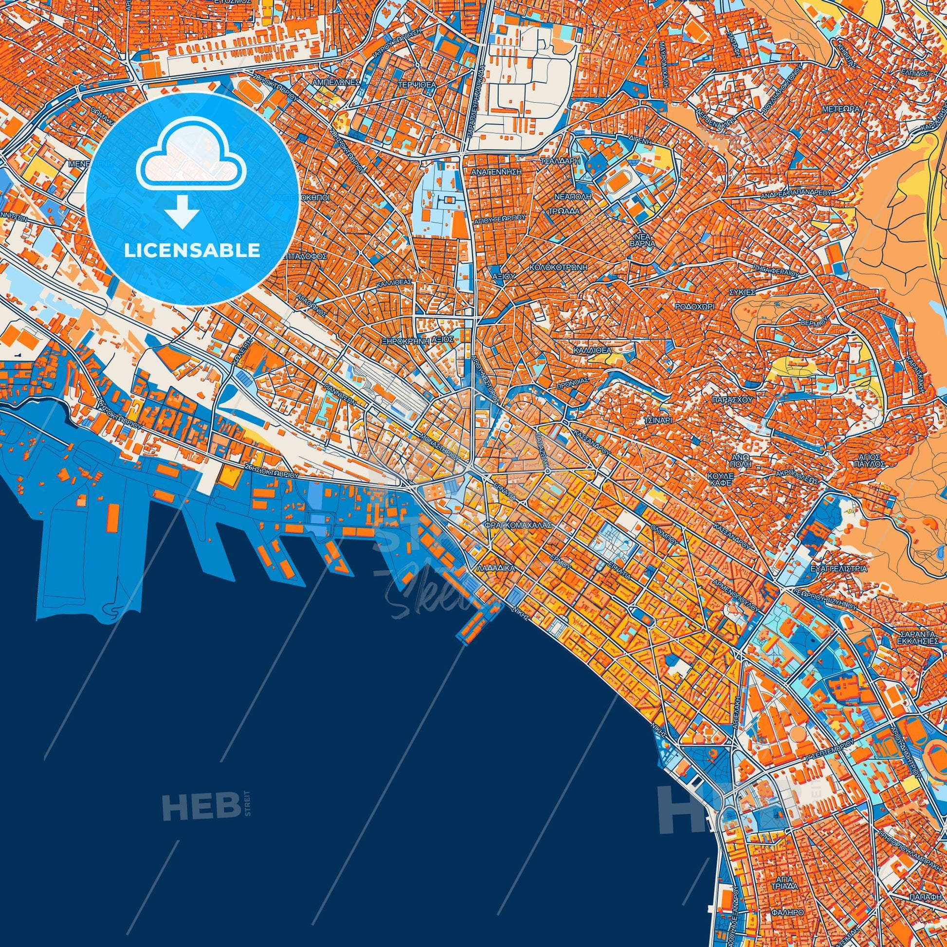 Colorful  Thessaloniki Street Map with Labels and Buildings
