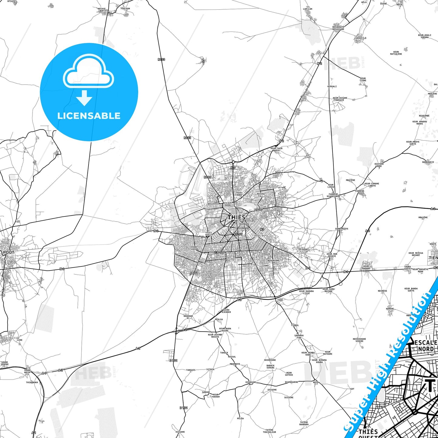 Thies, Senegal light map with streetnames, citynames and districts