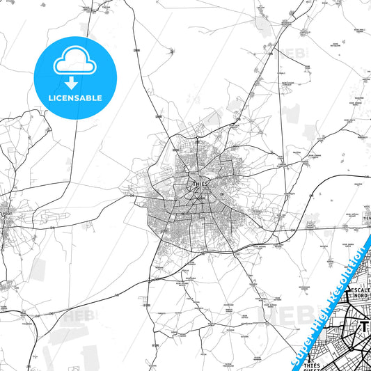 Thies, Senegal light map with streetnames, citynames and districts