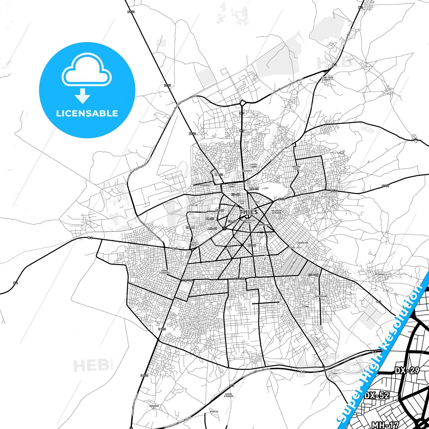 Thies, Senegal Light Map with Street Names, City Names, and Districts